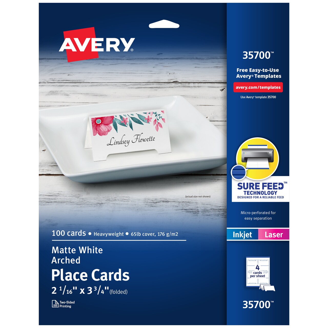 Avery Printable Arched Place Cards with Sure Feed Technology, 2-1/16" x 3-3/4", White, 100 Blank Tent Cards for Laser or Inkjet Printers (35700)